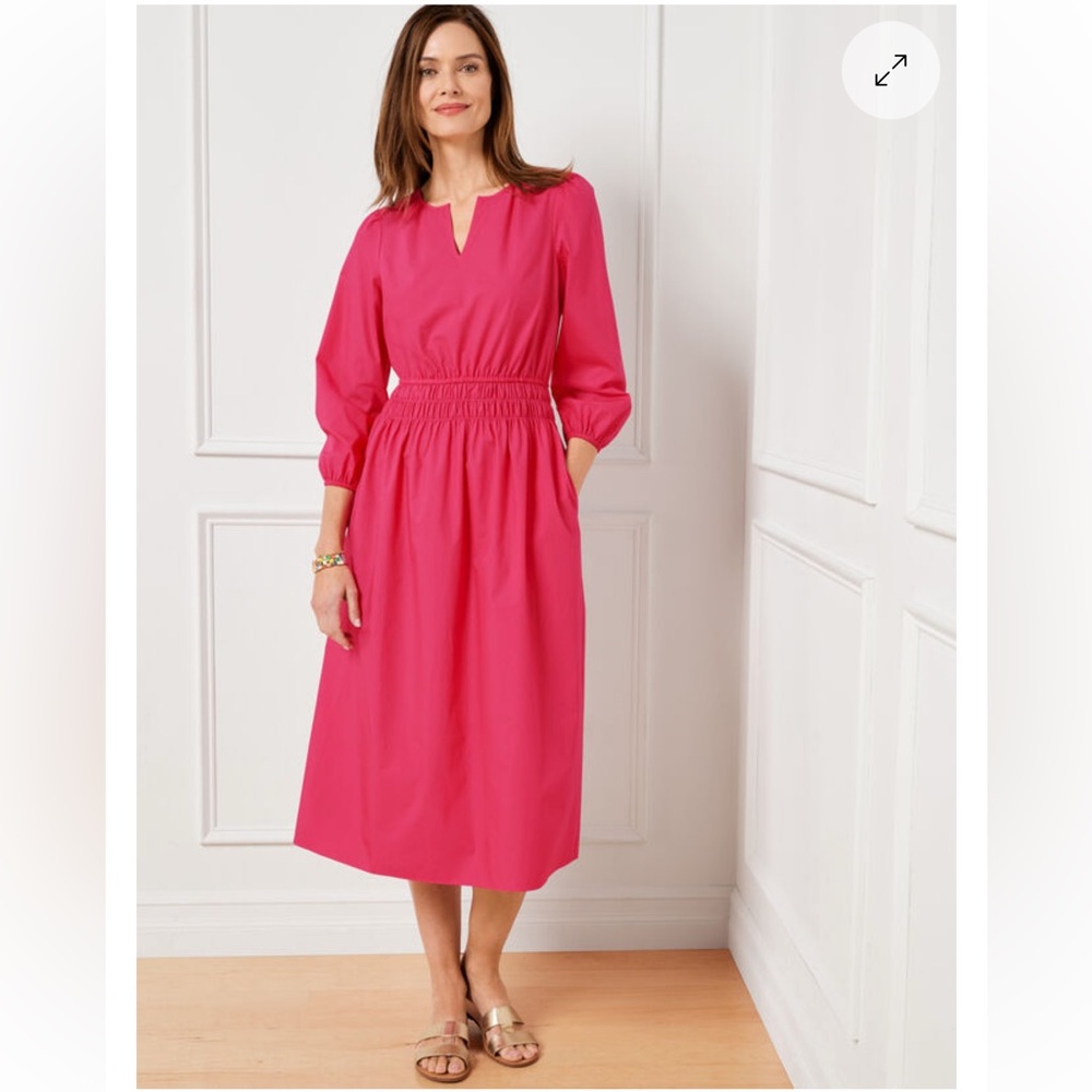 TALBOTS Smocked Poplin A-Line Midi Dress 3/4 Sleeves in Hot Pink Size 12